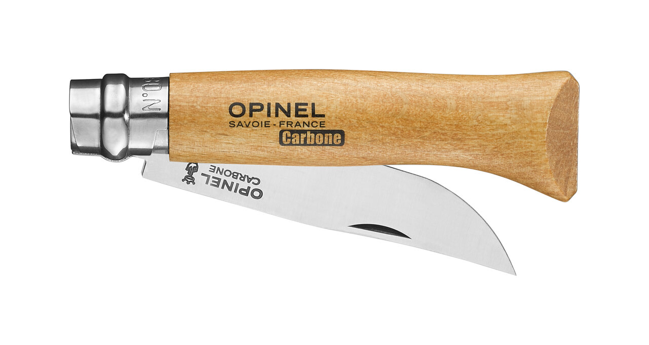Actual Opinel No.08 Carbone with beech handle and carbon-steel blade shown partly open